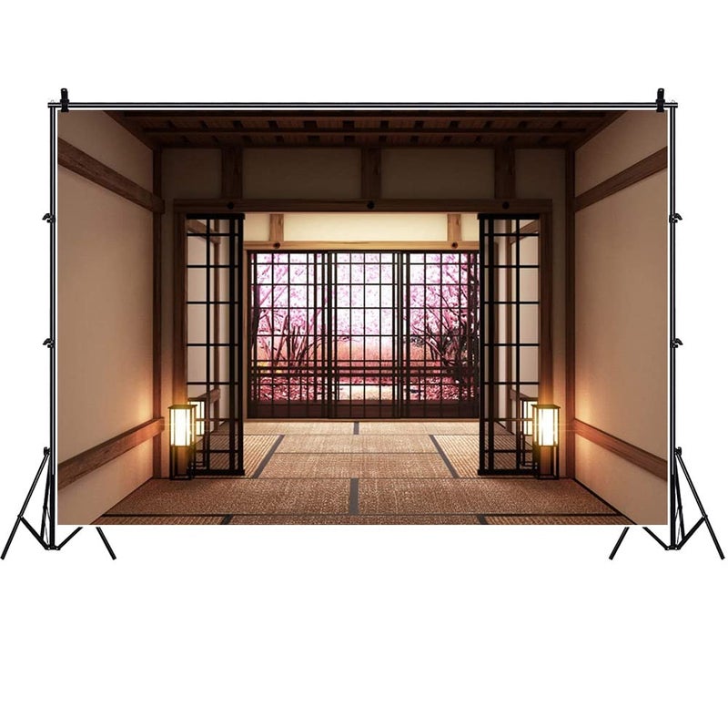Laeacco 10x8ft Japanese Style Empty Lobby Interior Blooming Trees Vinyl Photography Background Japan Traditional Residence Backdrop Indoor Decoration Wallpaper Studio Photo Props - Image 3
